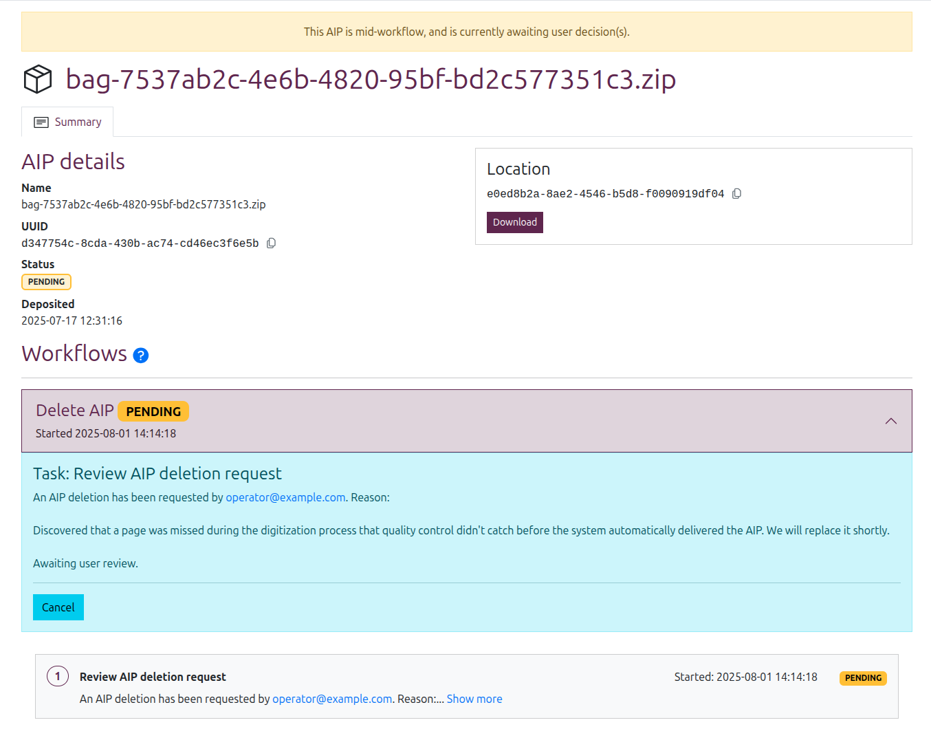 An AIP page immediately after submitting a deletion request