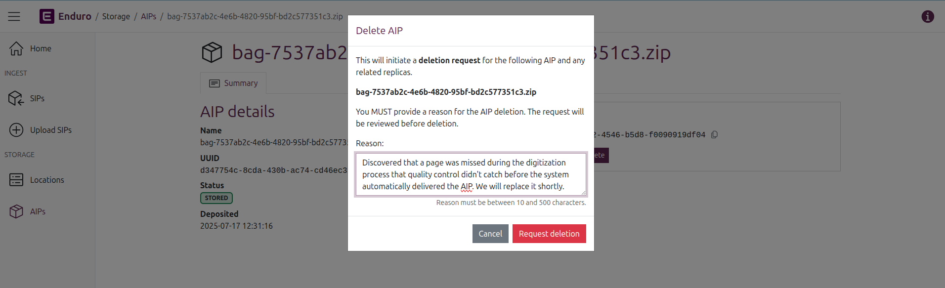 The deletion request pop-up with a reason typed in