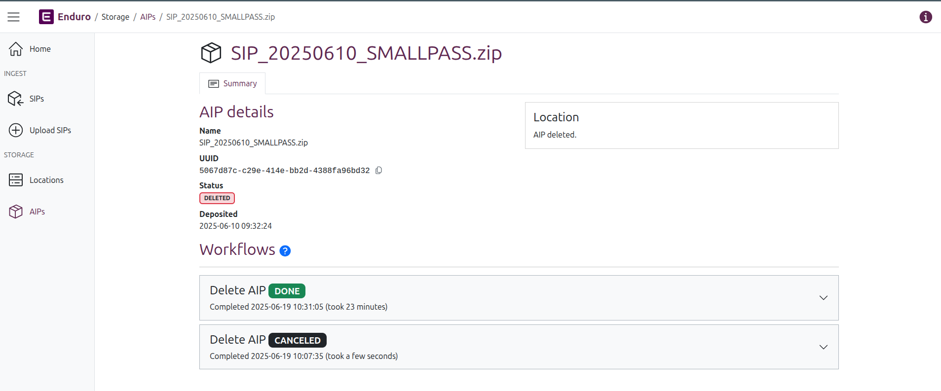 An AIP view page, showing a deleted AIP