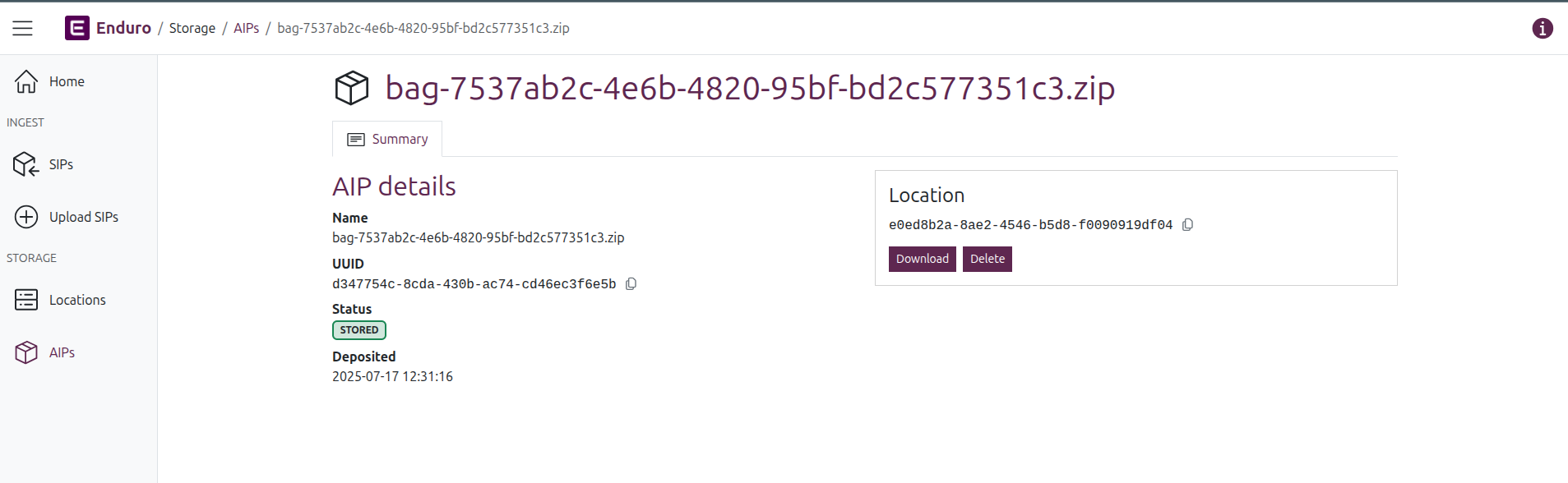 An AIP view page, showing a successfully stored AIP