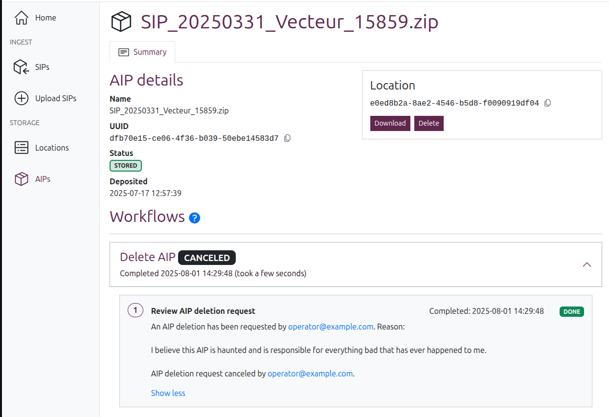 An AIP view page showing a canceled deletion workflow