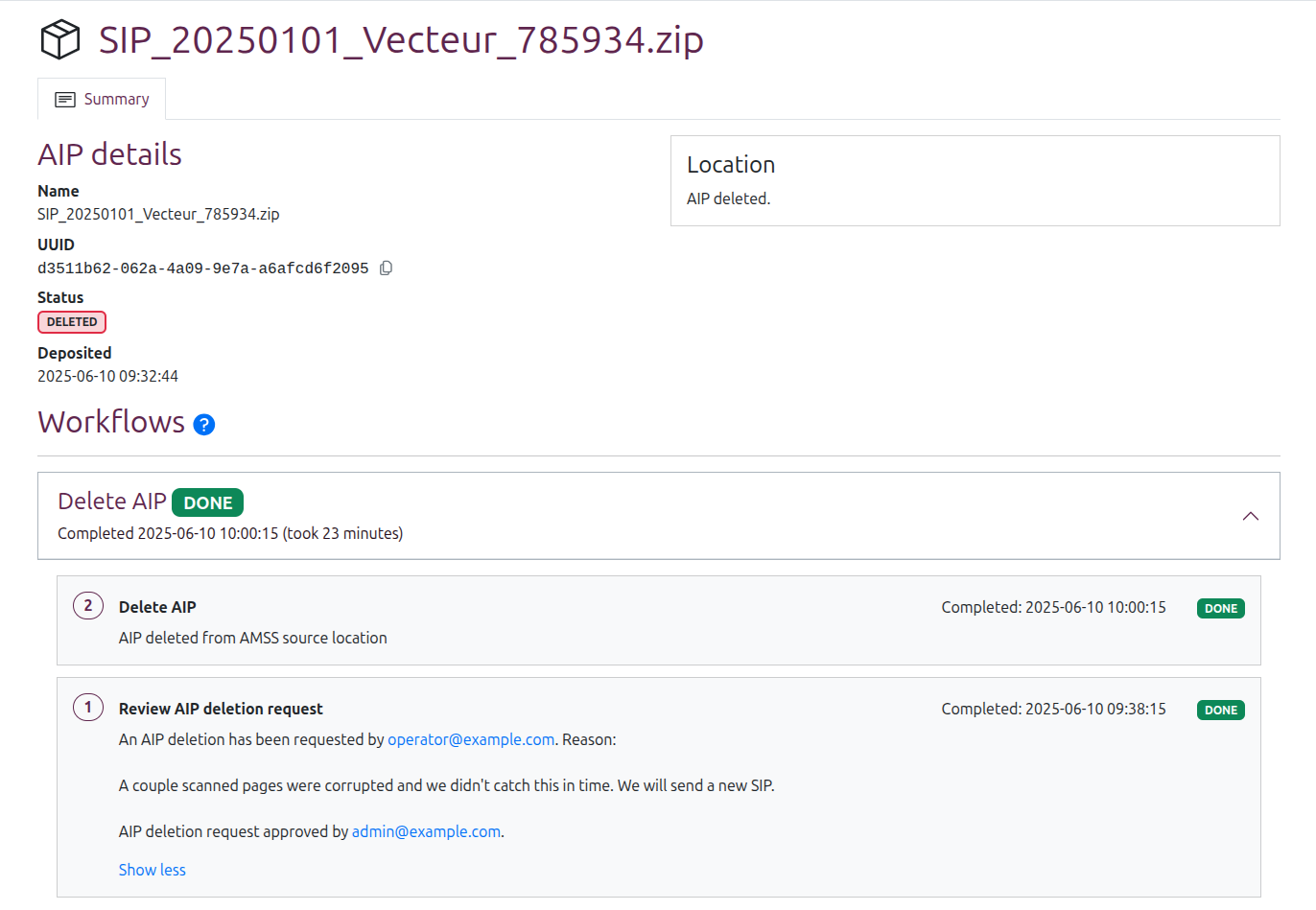 An example of the view page of a deleted AIP