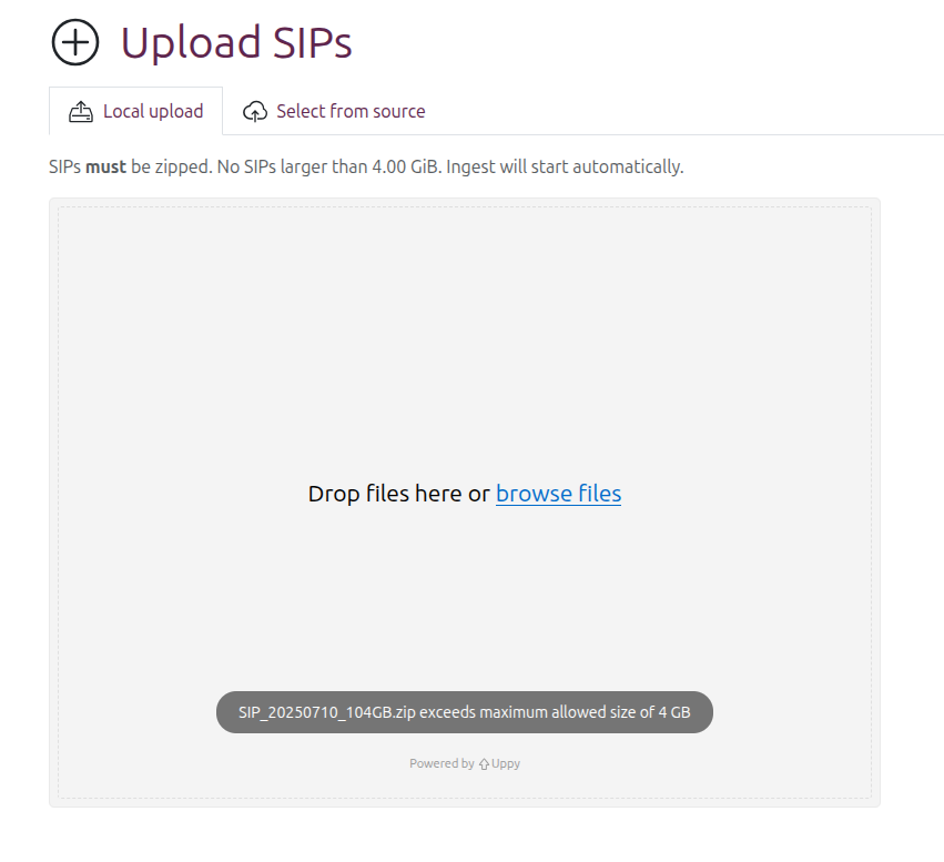 the local upload widget showing a max size limit warning