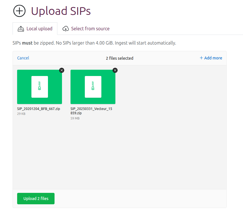 the local upload widget with 2 packages in the staging area