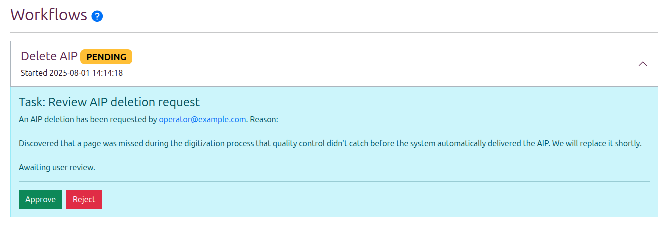 The deletion request summary showing the Approve and Reject buttons