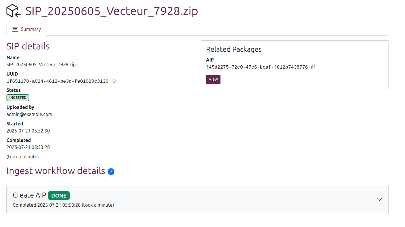 The SIP view page, showing a successfully ingested SIP