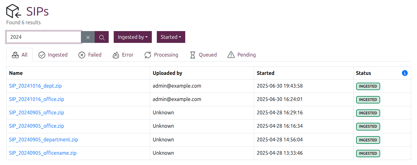 The SIP search box with a search term entered