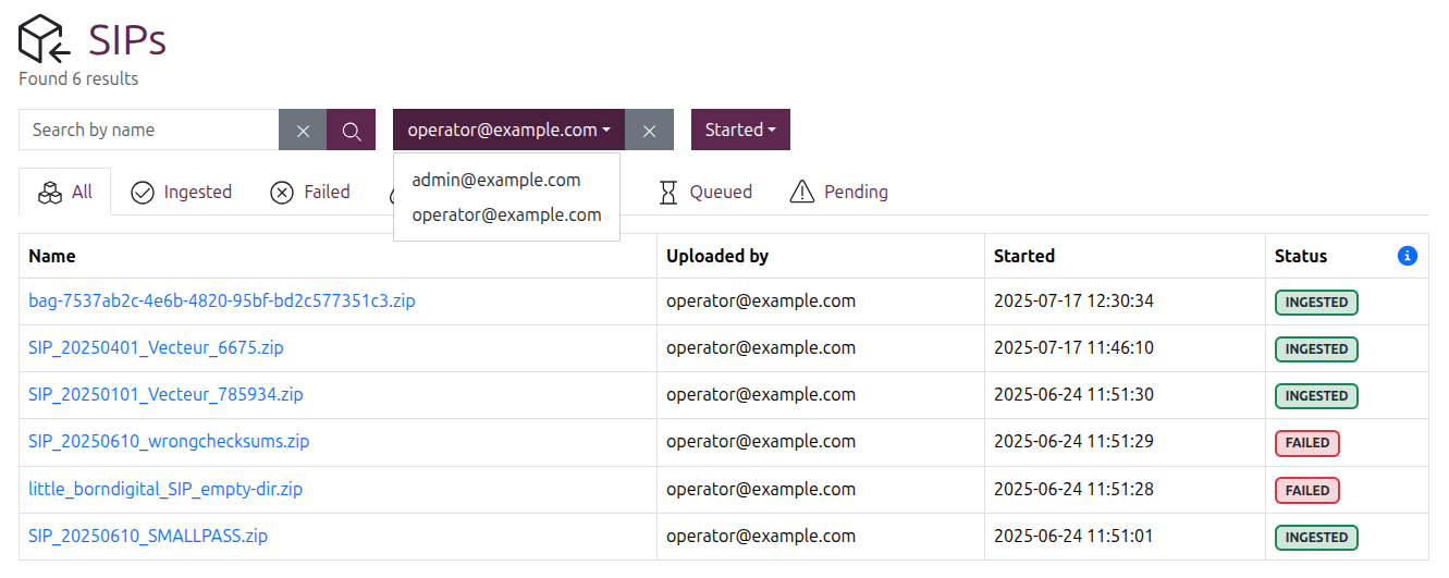 The Uploader filter, applied and limiting the results