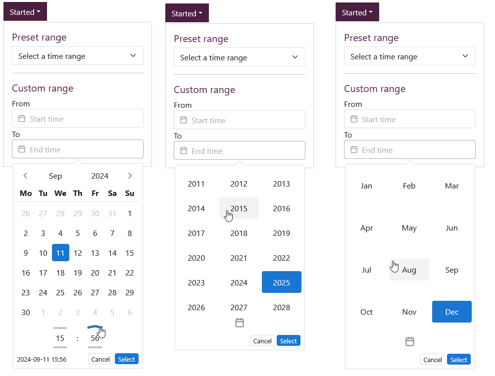 The started filter calendar widget