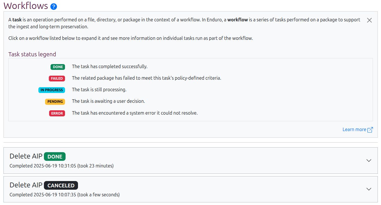 The AIP workflow task status legend