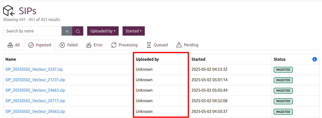SIP browse results with an unknown uploader
